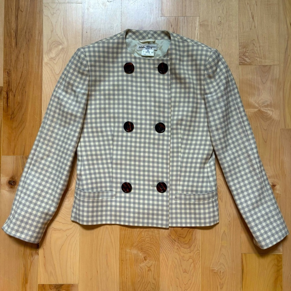 Vintage Salvatore Ferragamo Tweed Wool Checkered Blazer Jacket 100% Cupro